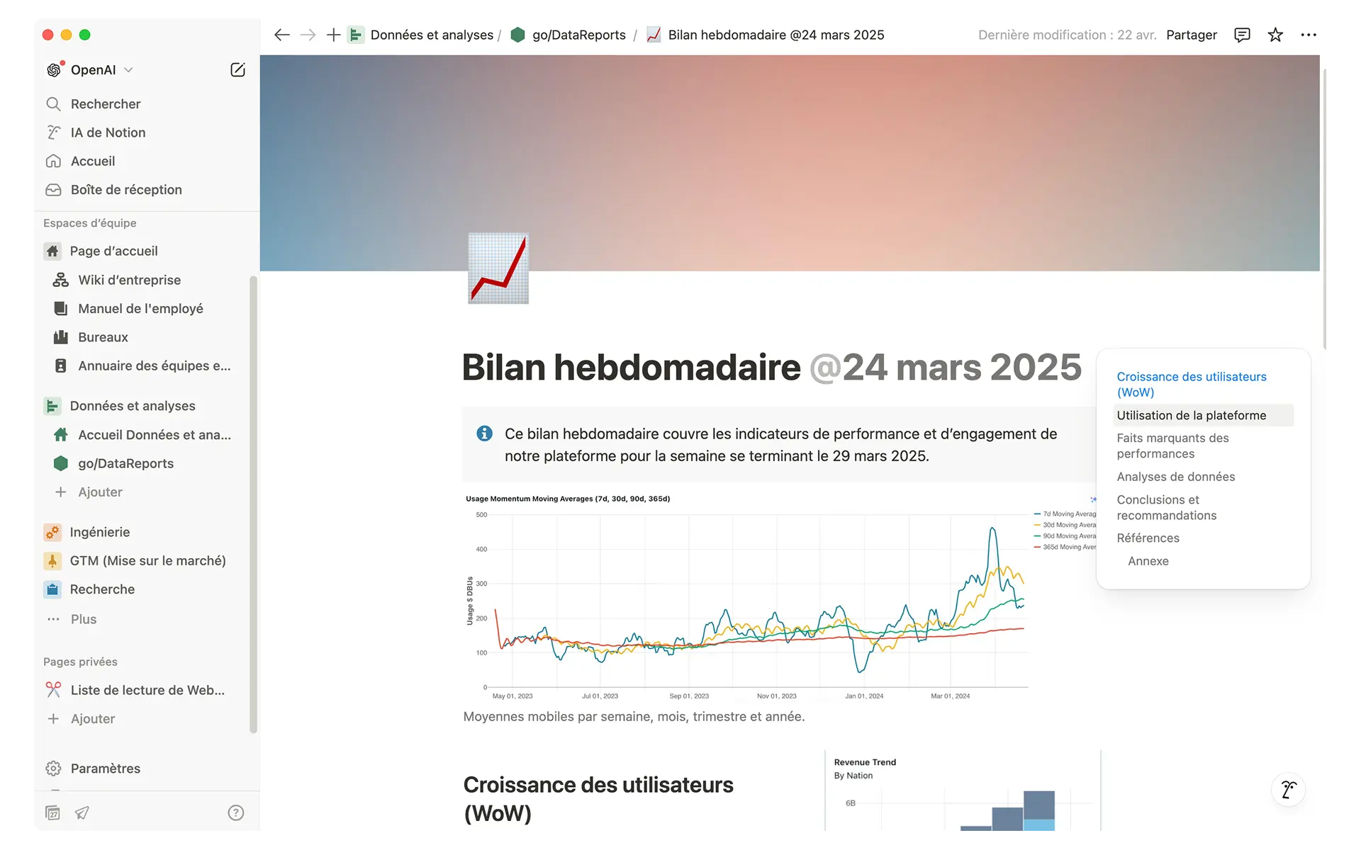 L’équipe de science des données d’OpenAI a gagné des heures de travail manuel en automatisant ses rapports dans Notion et en consolidant les données opérationnelles clés et les tableaux de bord dans un espace centralisé qui facilite la prise de décision.