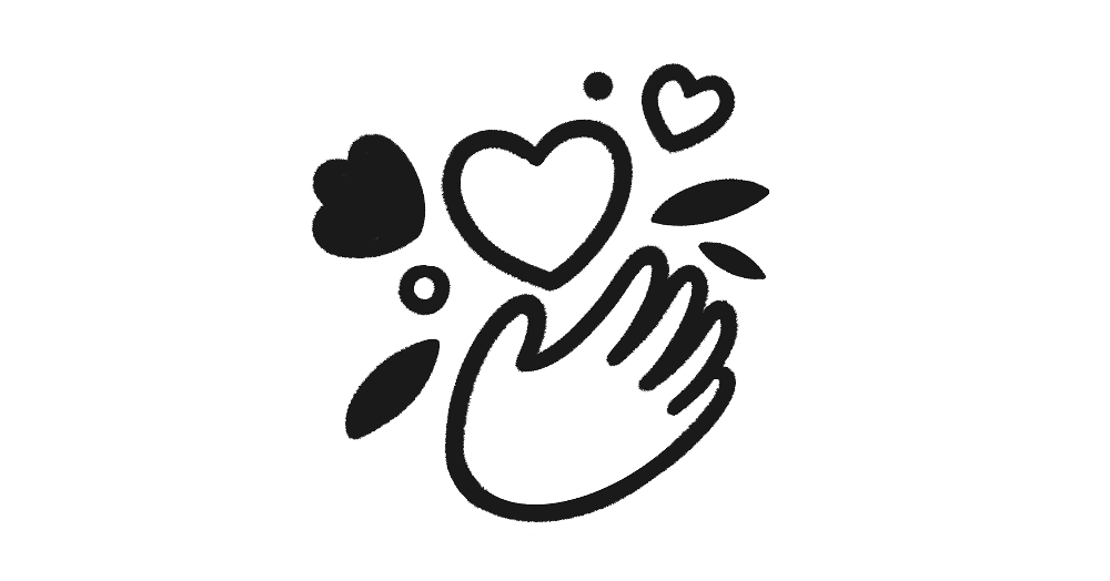 Eine minimalistische Schwarz-Weiß-Illustration zeigt eine offene Hand mit darüber schwebenden Herzformen.