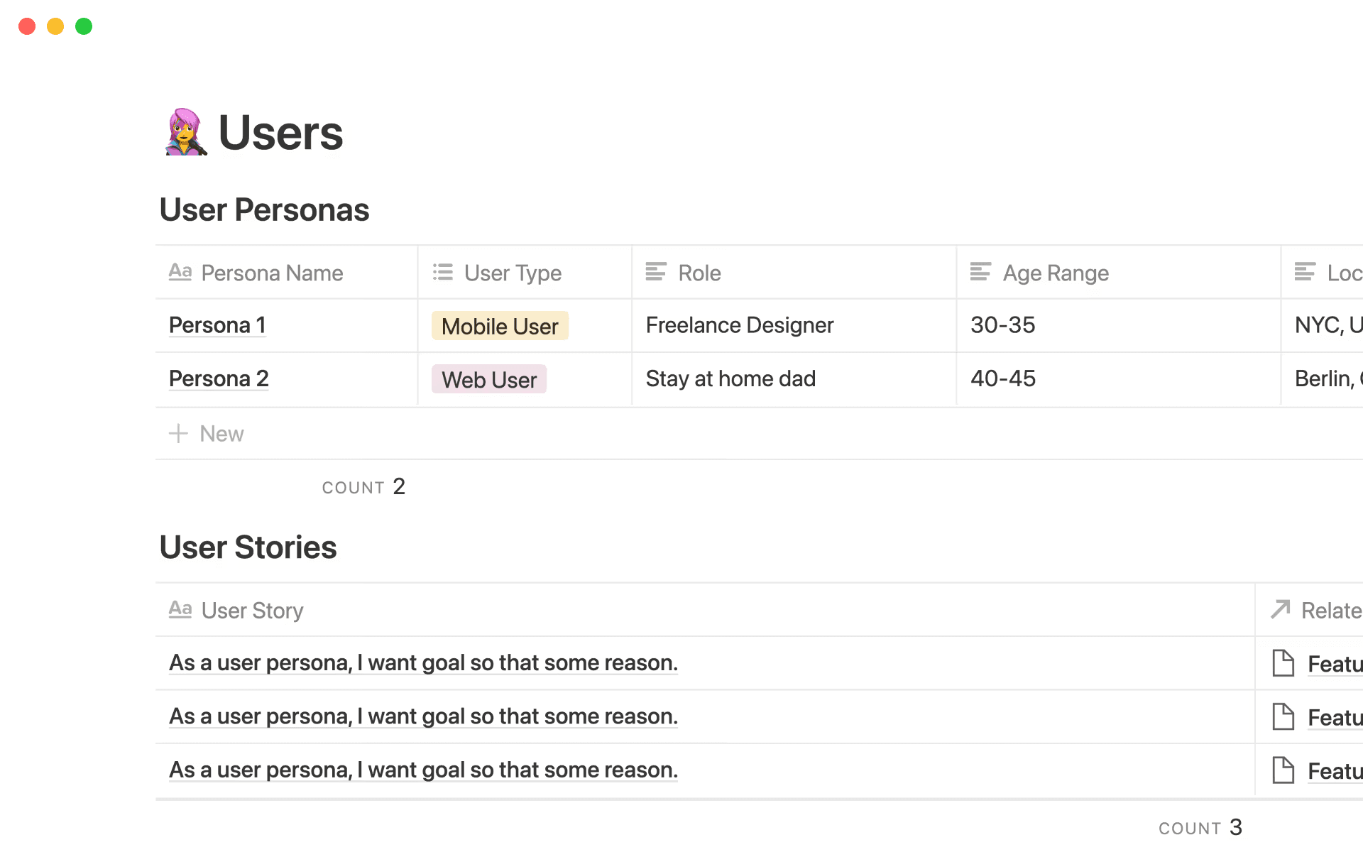 Notion’s product spec template, showing users, their roles, and user stories