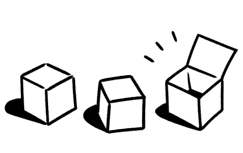 Hình vẽ đen trắng với đường nét tối giản về hai chiếc hộp đóng và một chiếc hộp mở.