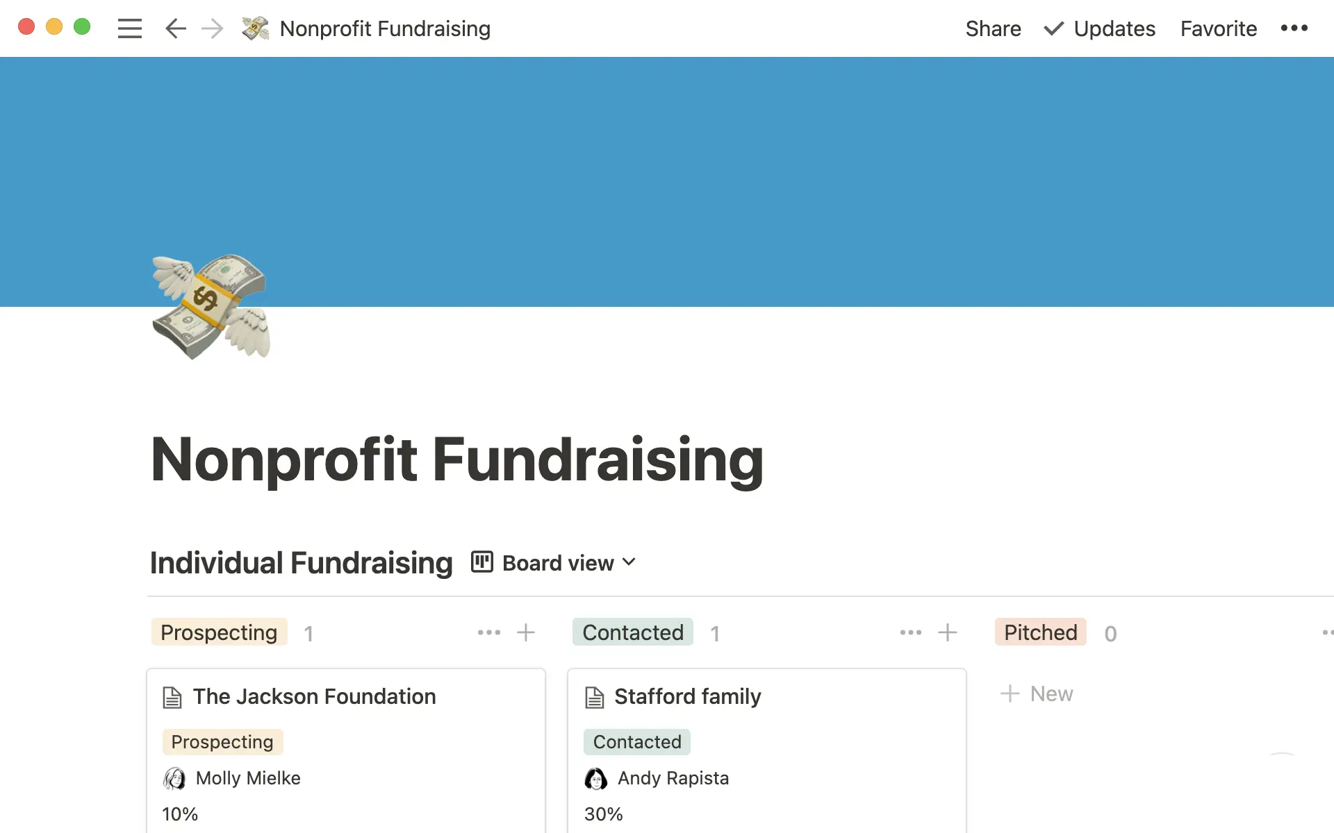 Chế độ xem bảng về hoạt động gây quỹ của một tổ chức phi lợi nhuận, hiển thị các giai đoạn gây quỹ khác nhau gồm: tìm kiếm nhà tài trợ tiềm năng, đã liên hệ và đã gửi đề xuất.